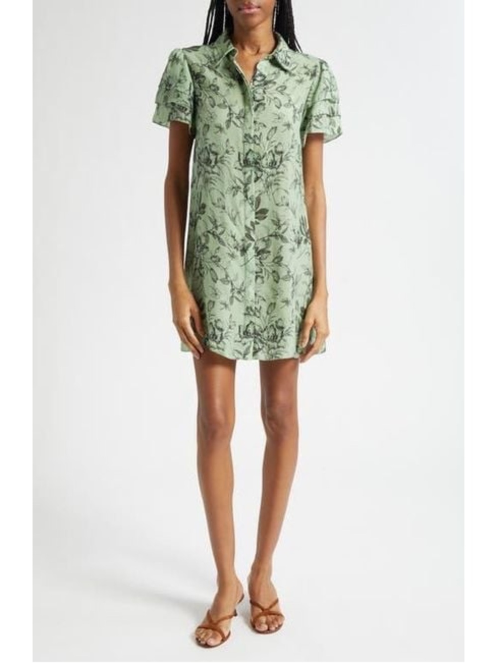 Alice + Olivia Jem Floral Cupro Ruffle Shirtdress Mystic Garden Sage Sz Medium